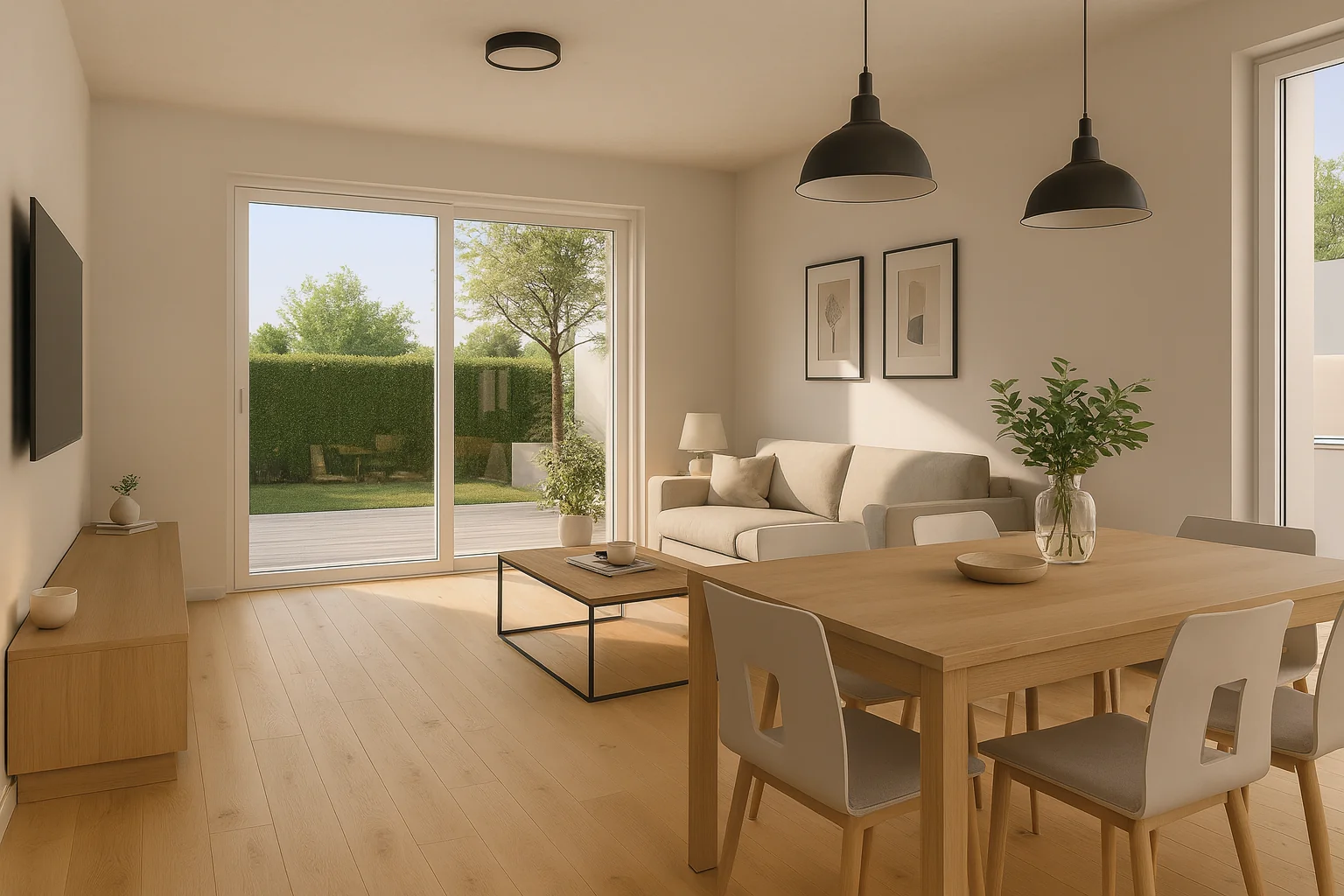 Helles Wohnzimmer mit Echtholzparkett und Blick auf die Terrasse